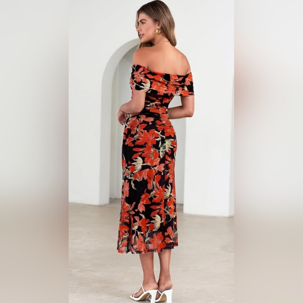 Off Shoulder Floral Maxi Dress Bodycon Ruched Elegant L - Picture 2 of 4